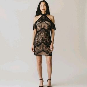 Bebe Black Nude Halter Dress Mini Lace Romantic Retro Ruffle Size 10 Gothic